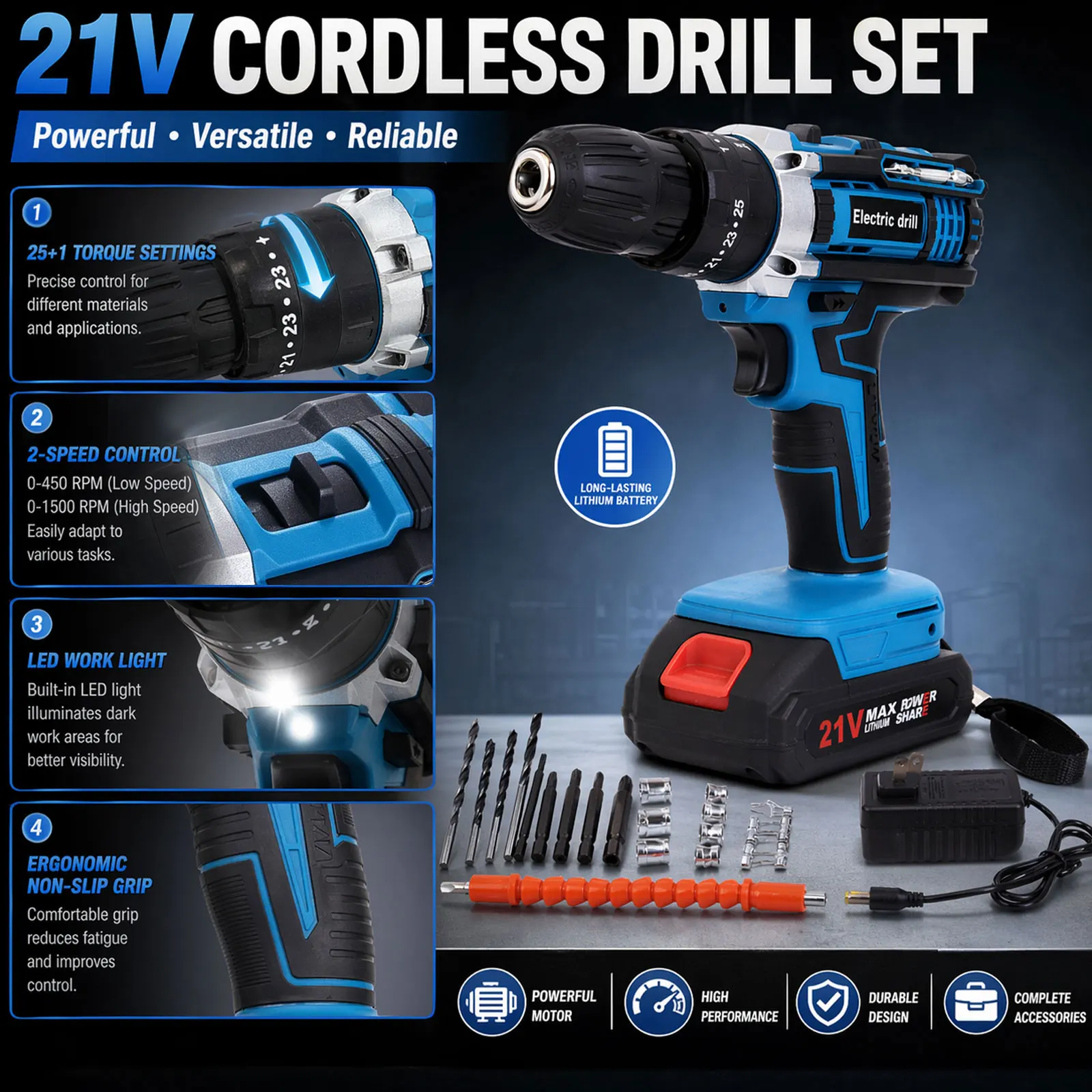 2026 New Electric Impact Drill 25+3 Torque Cordless Hammer Drill Power Tool For Makita 18V Battery Pin Multifunctional Blue