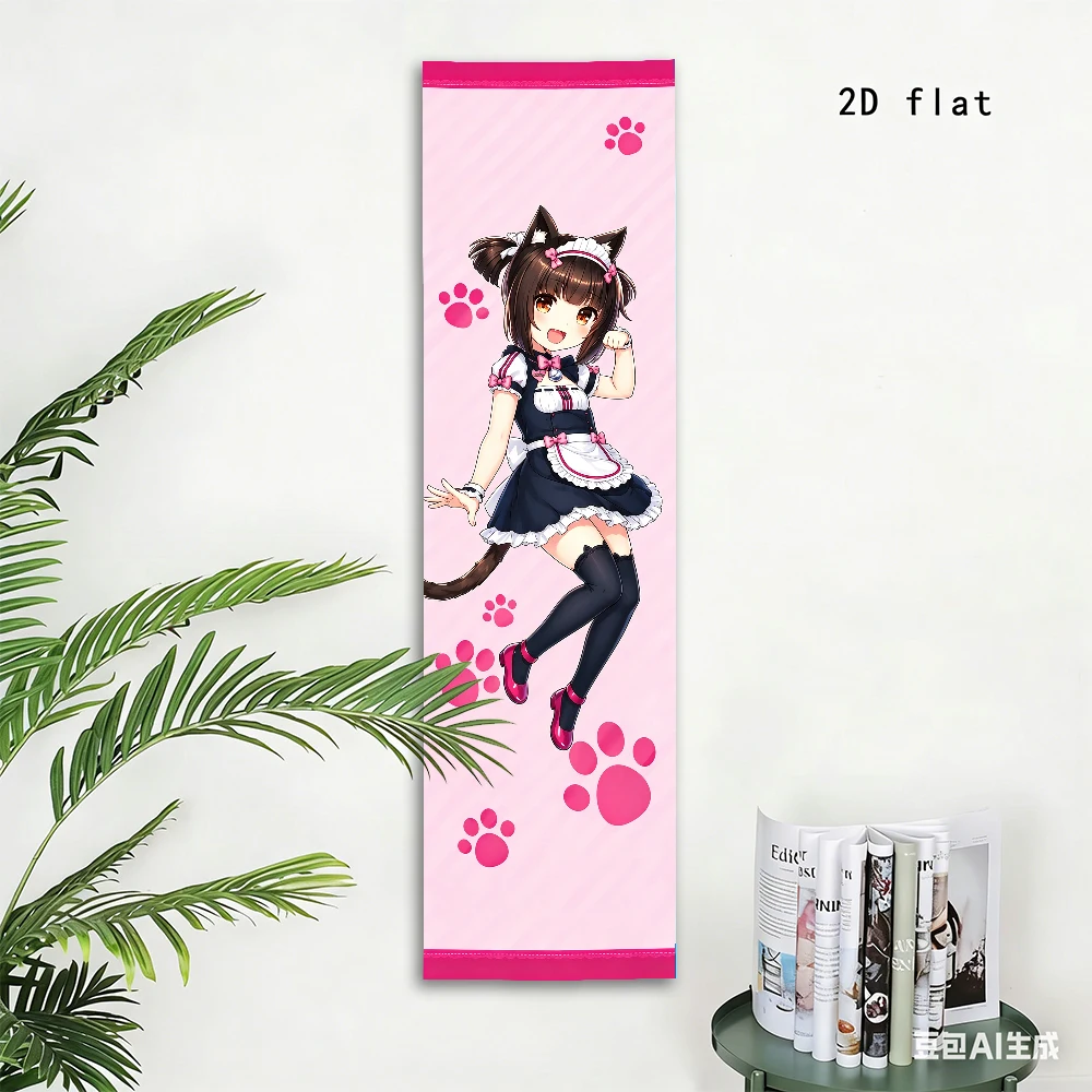 1PC Nekopara Chocola & Vanilla Vertical Long Tapestry, Cat Ear Maid Anime Girl Wall Hanging Banner, Pink Blue Paw Print