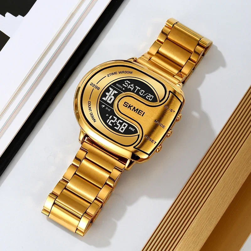 Men Digital Watch Sliver Gold Black Unusual Irregular Case Shape Reloj Male Luxury Business Man Stainless Steel Clock Wristwatch