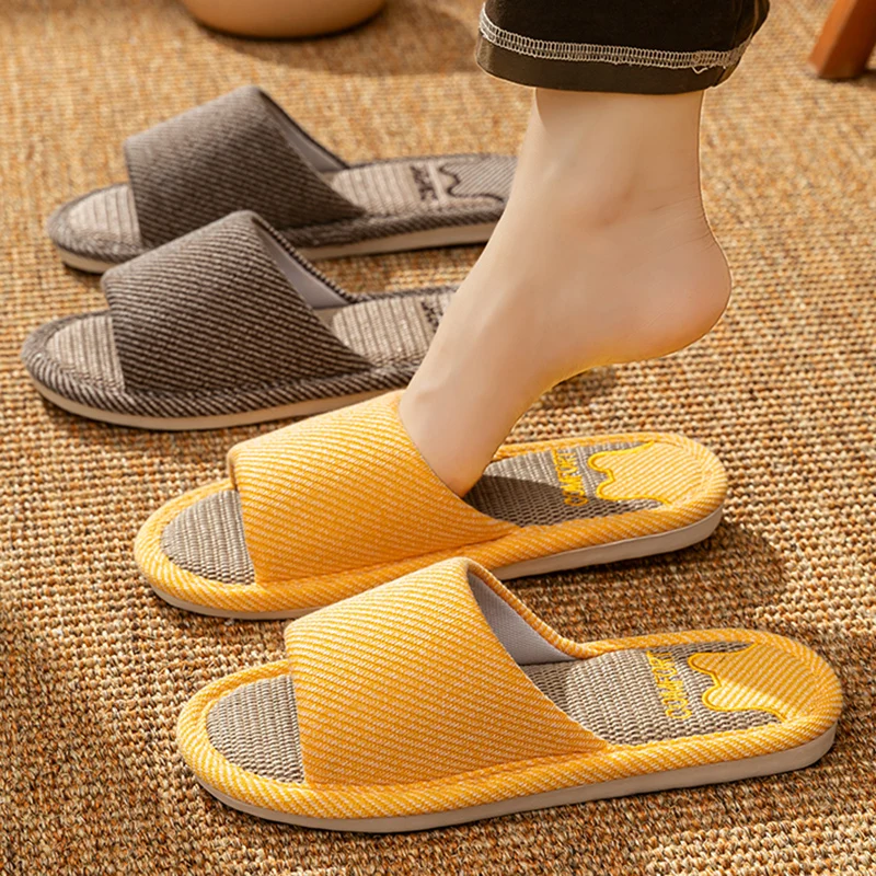 

Season Model Line Home Slippers Women Indoor Soft Sole Open Toe Flat Heel Slides Woman Couple Anti Slip Bedroom Floor Shoes