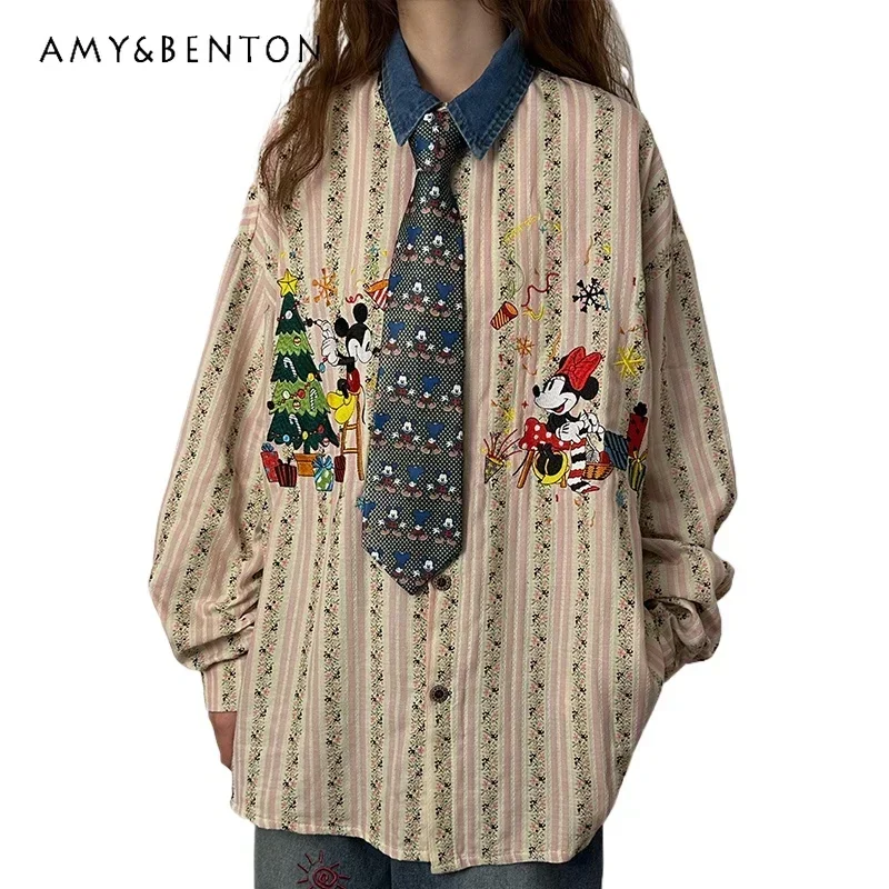 

Original American Style Retro Striped Embroidered Long-sleeved Shirt Women's Autumn Loose Vintage Vintage Single-breasted Blouse