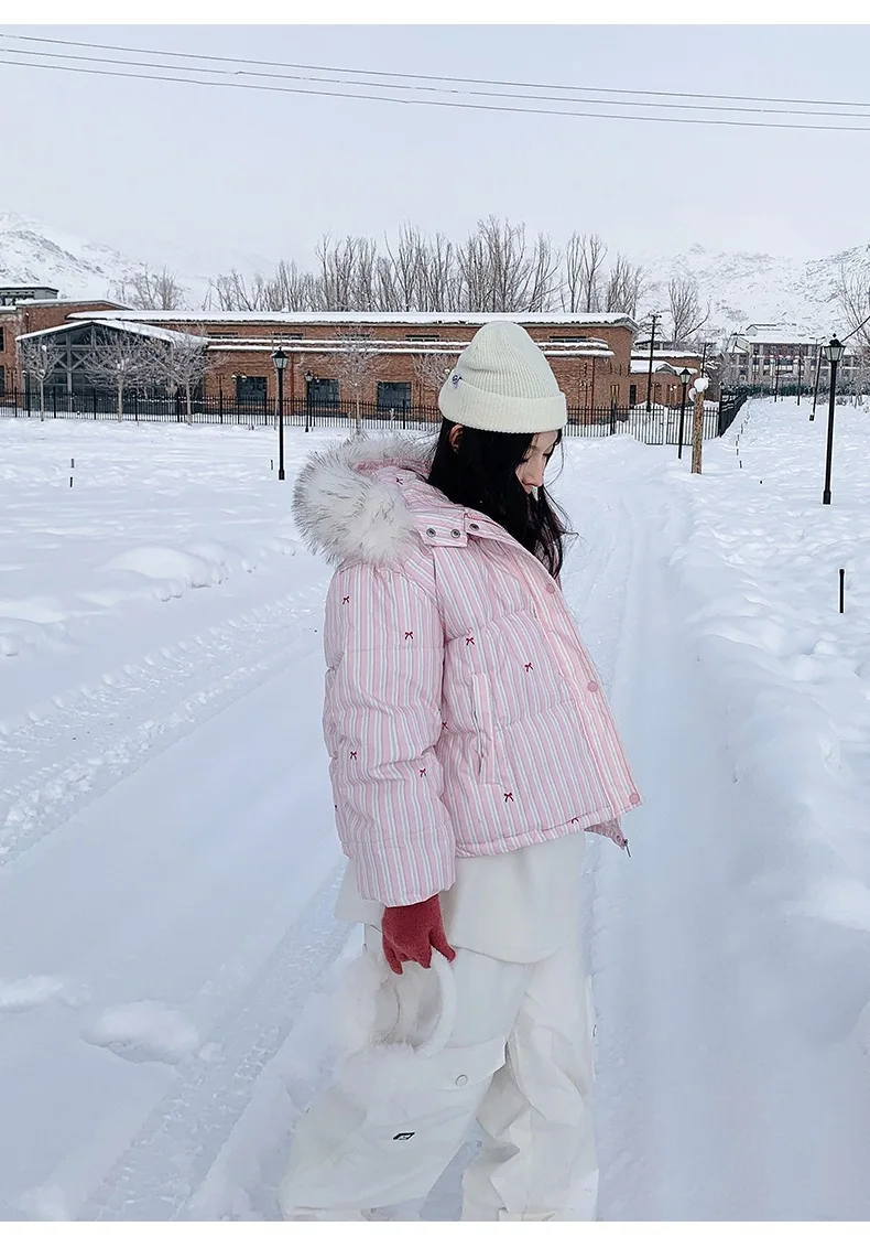 Korean Striped Bow Pattern Cropped Padded Jacket for Women Winter Hooded Coat with Faux Fur Collar Woman Sweet Thick Warm Parkas