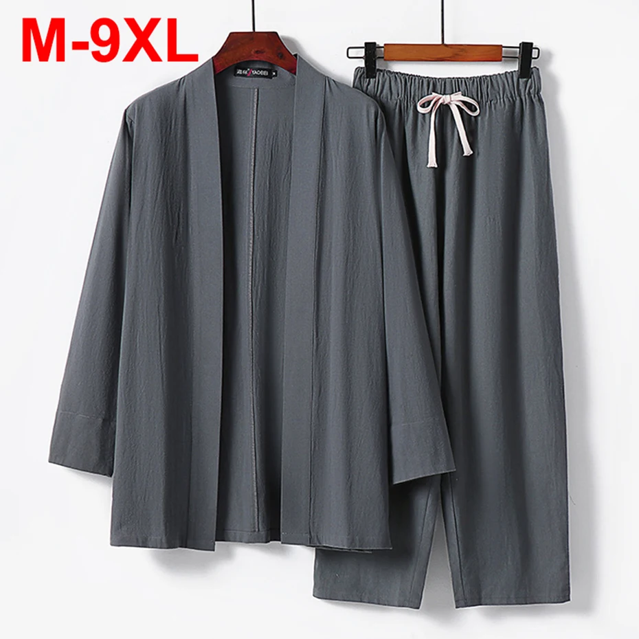 

9XL Plus Size Shirts Pants Sets Japan Style Cotton Linen Kimono Suits Man Big Size Summer Shirts and Pants Sets 8XL 7XL