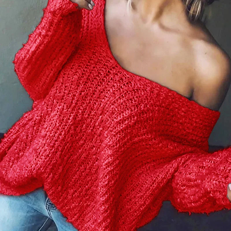 الشتاء موضة الجوف البلوز سترة الخريف مثير الخامس الرقبة Homewear فضفاضة محبوك المرأة السببية كم طويل بلون البلوز #3