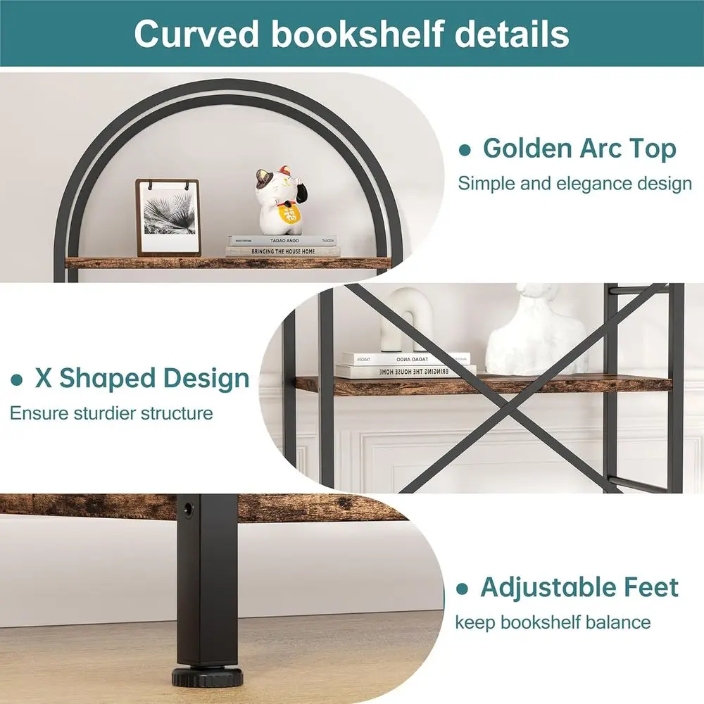 5-Tier Arched Bookshelf - Rustic Brown, Storage Organizer for Home Office and Living Spaces