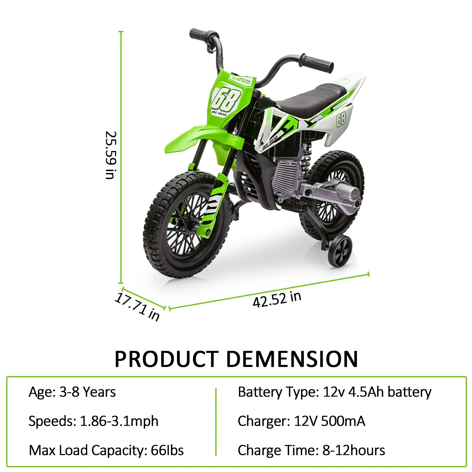 12V Kids Electric Dirt Bike Ride On Motorcycle With Training Wheels, Twist Grip Throttle, 3 MPH, Music, 4.5Ah Battery & Charger