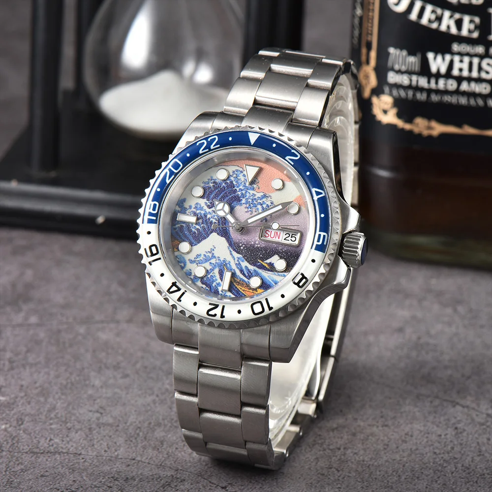 OUMASHI 40mm Design Men\'s Creative Luminous Ocean Wave Automatic NH35A Stainless Steel Case Sapphire Glass Watch