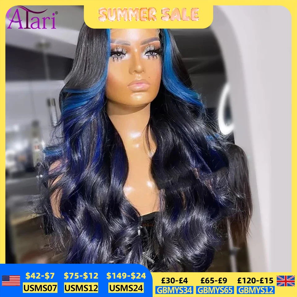 Azul ombre perucas de cabelo humano 13x4 13x6 peruca frontal de renda transparente brasileira onda do corpo peruca dianteira do laço em linha reta 5x5 peruca de fechamento
