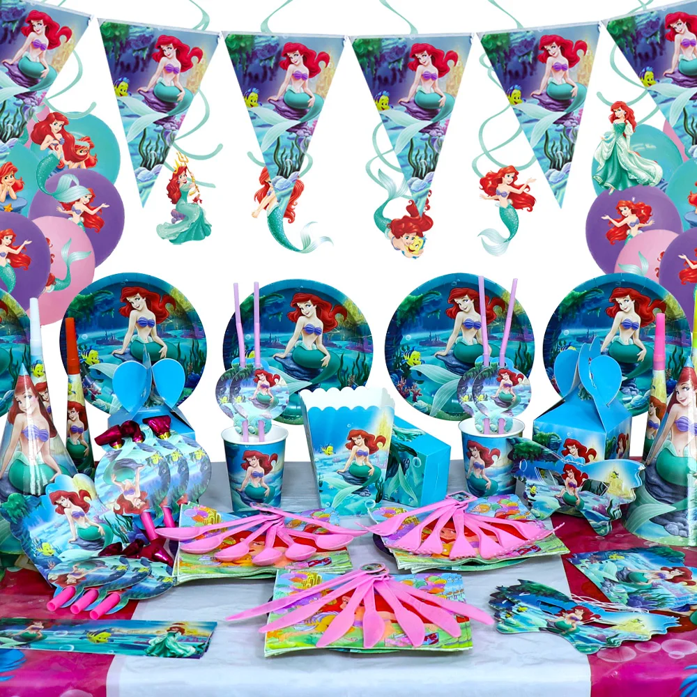 Disney Mermaid Princess Kids Girls Party Decoration Balloons Disposable Tableware Set Cartoon  Mermaid Birthday Party Supplies