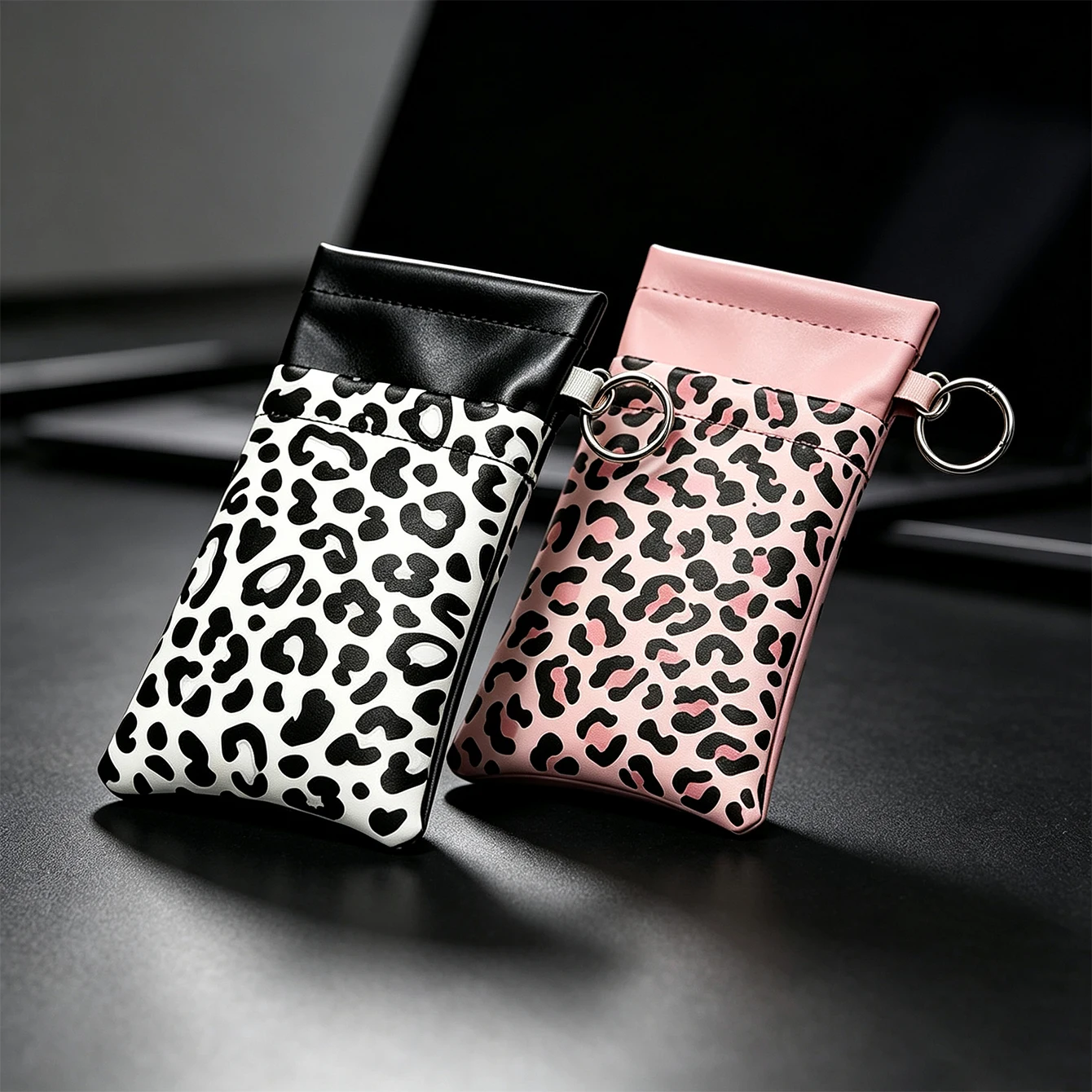 1pc Leopard Print PU Leather Glasses Pouch with Keyring Squeeze Close Eyeglasses Case Portable Storage Bag 3 Colors for Unisex