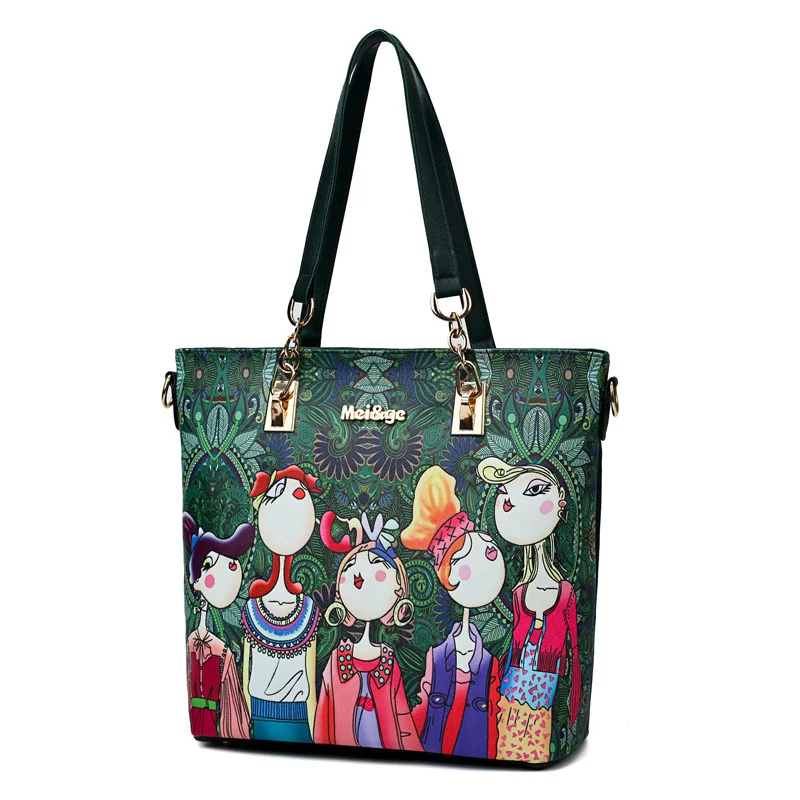 Women's Composite Bags Ladies Green Character Leather Handbag Fashion Cartoon Green Forest Casual Tote Shoulder Key Bag 6pc/set