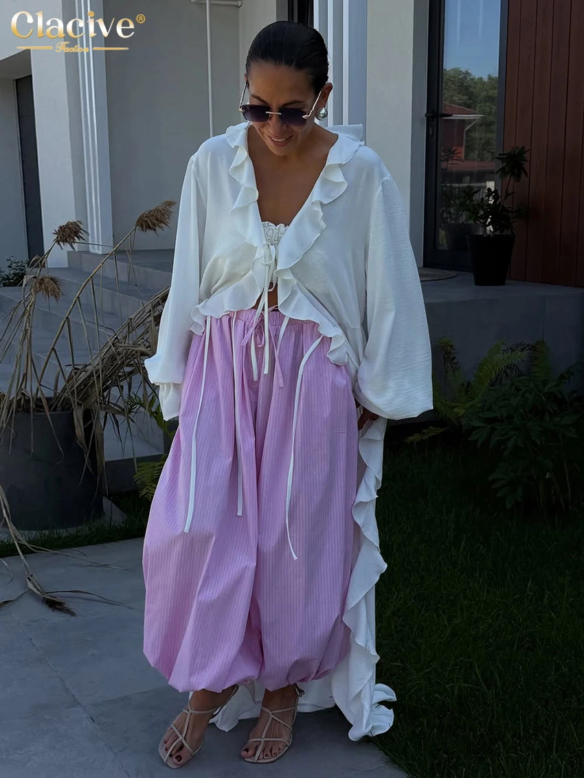 

Clacive Sexy Loose White Women's Dress 2025 Fashion V-Neck Long Sleeve Maxi Dresses Elegant Classic Lace-Up Ruffles Female Dress