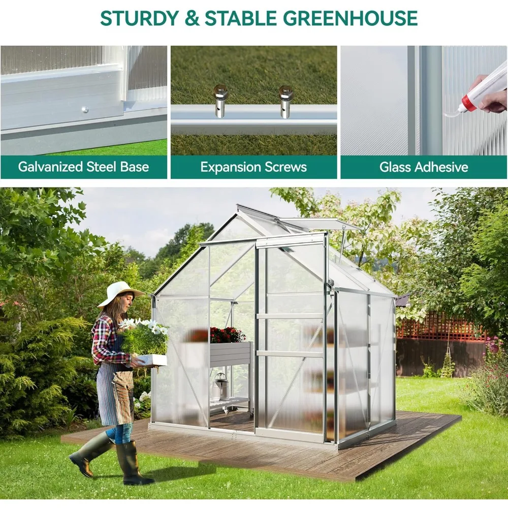 6x4FT Polycarbonate Greenhouse Heavy Duty Green Houses Outdoor Aluminum Greenhouses with Sliding Doors Vent Window