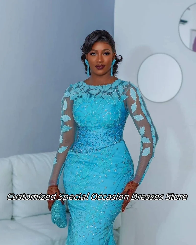 Azul frisado applique longo sereia vestidos de noite para meninas nigerianas festa de luxo vestido de baile vestidos de festa 2025 personalizado