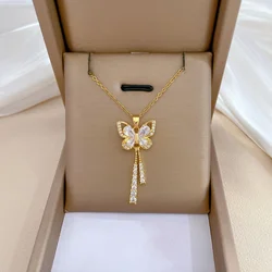 Exquisite Micro Inlaid Zircon Butterfly Pendant Necklace For Women Stainless Steel Moon Butterfly Animal Choker Wedding Jewelry