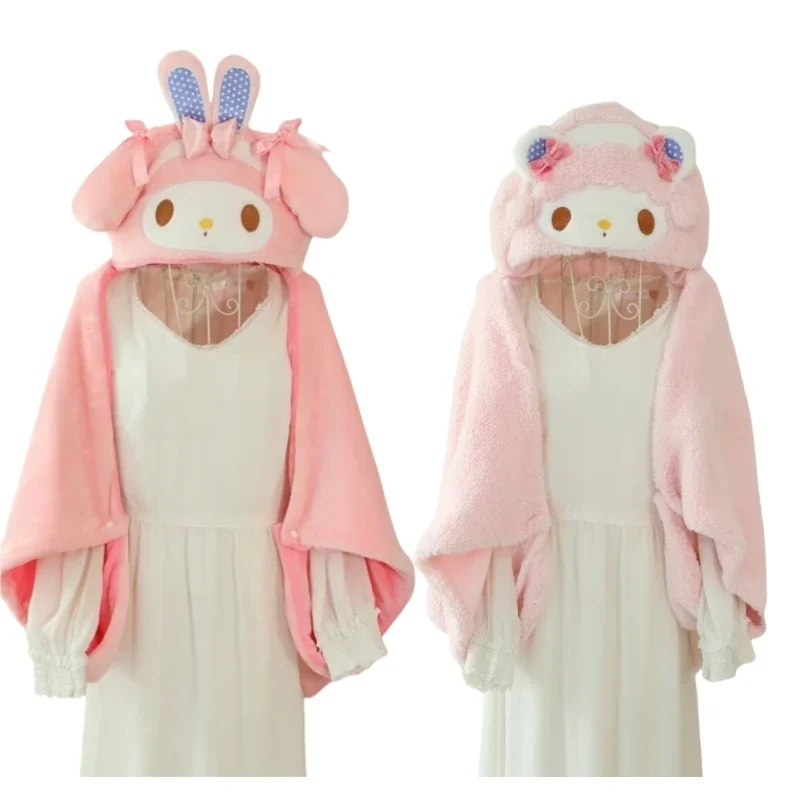 Sanrio Lolita My Melody Plush Blanket Kawaii Japanese Style Hooded Cloak Blanket Comfortable Warm Blanket Xmas Gifts Girl