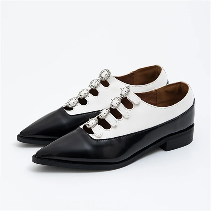 Fashion Pointed Toe Women Pumps Straps Buckle Low Heel Dress Shoes Hollow Out Crystal Color Block Flats Zapatos Mujer