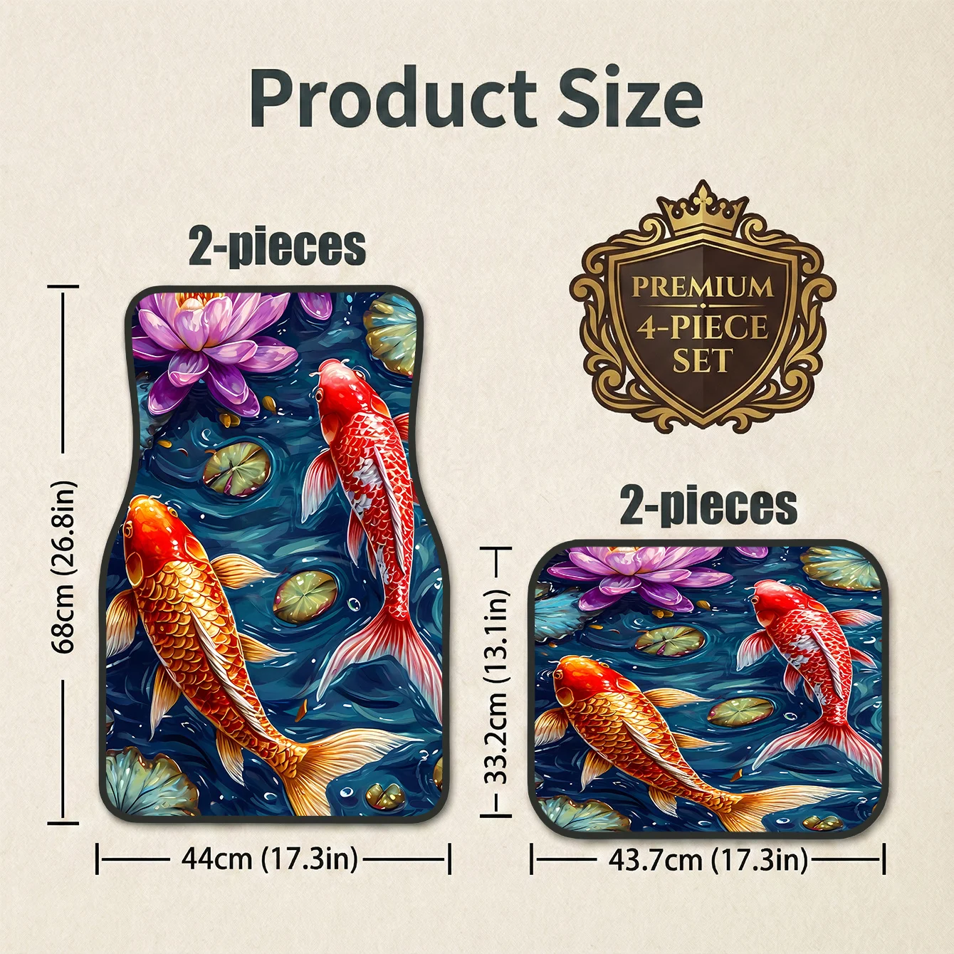 Set Of 4 Koi Fish Design Car Mats | Perfect For Hatchbacks And Estate Cars, Easy Care & Maintenance, Stylish Interior Upgrade, P