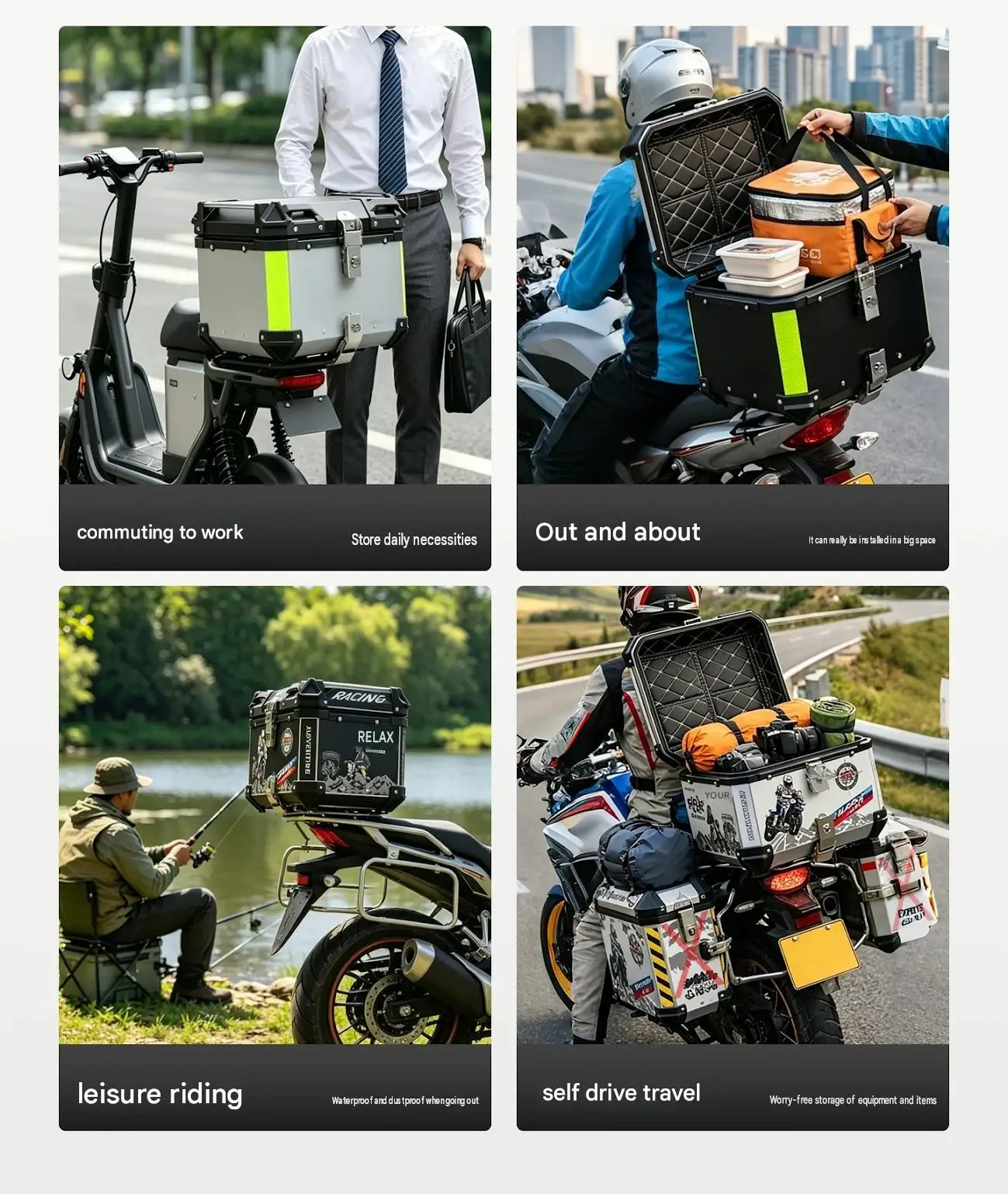 Universal 45L City‑Edition Free‑Rider White Alloy Tail Box Quick‑Detach Base Waterproof For Motorcycle EV Mod Accessories