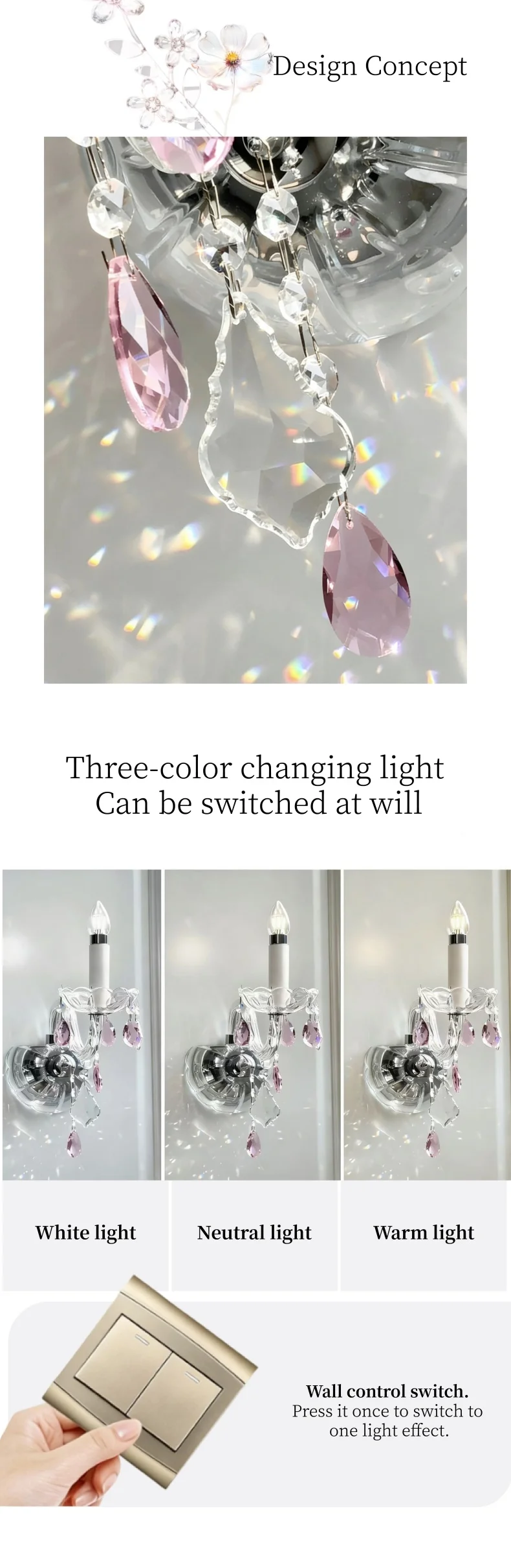 European Blue Pink Green Crystal Wall Lamp French Romantic