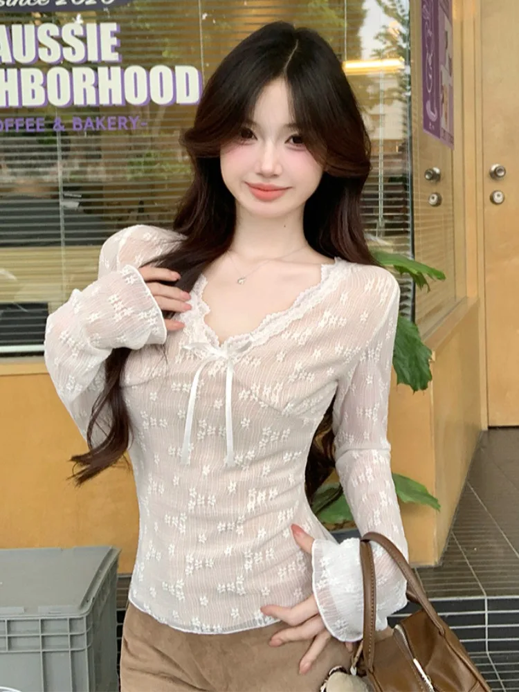 

Elegant V-Neck Lace Trim Long Sleeve Base T-Shirt Women's Autumn Winter Slim Fit Beautiful Pure Desire Style Inner Wear Top