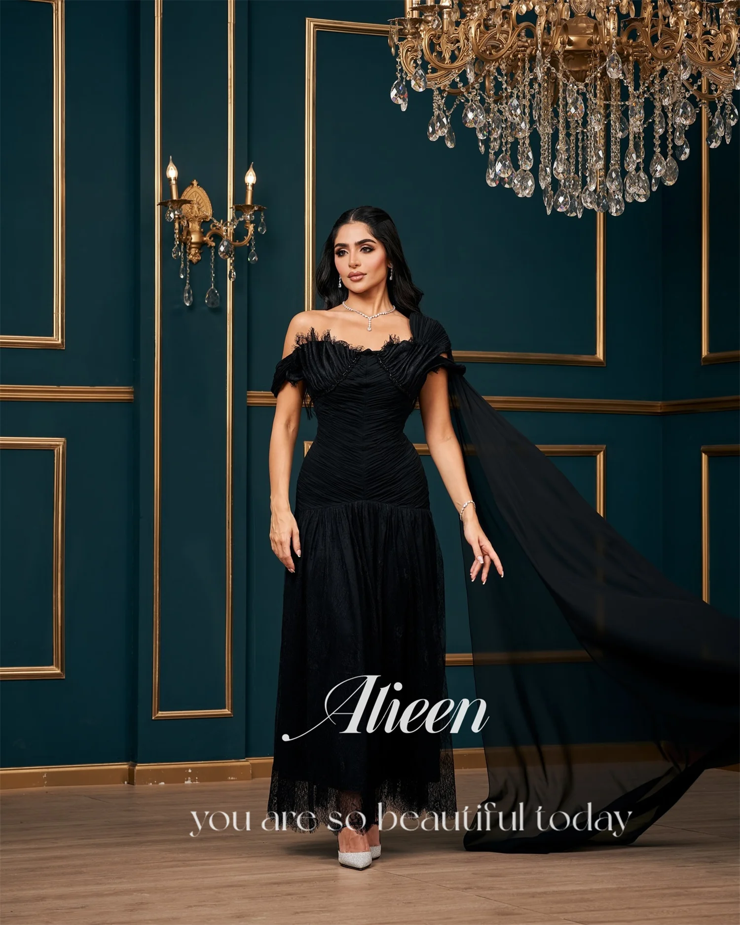 Aileen فسات Mohamedacomة Luxe avondjurken voor dames 2025 Luxe zwarte vestidos de festa zeemeermin op maat gemaakte off-shoulder jurk