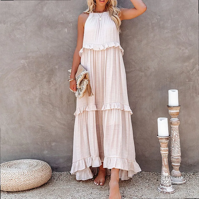 Elegant Long Maxi Dress Tiered Ruffle Midi Dresses for Women Spring Summer Casual Flowy Overall Jumpsuit Playsuit