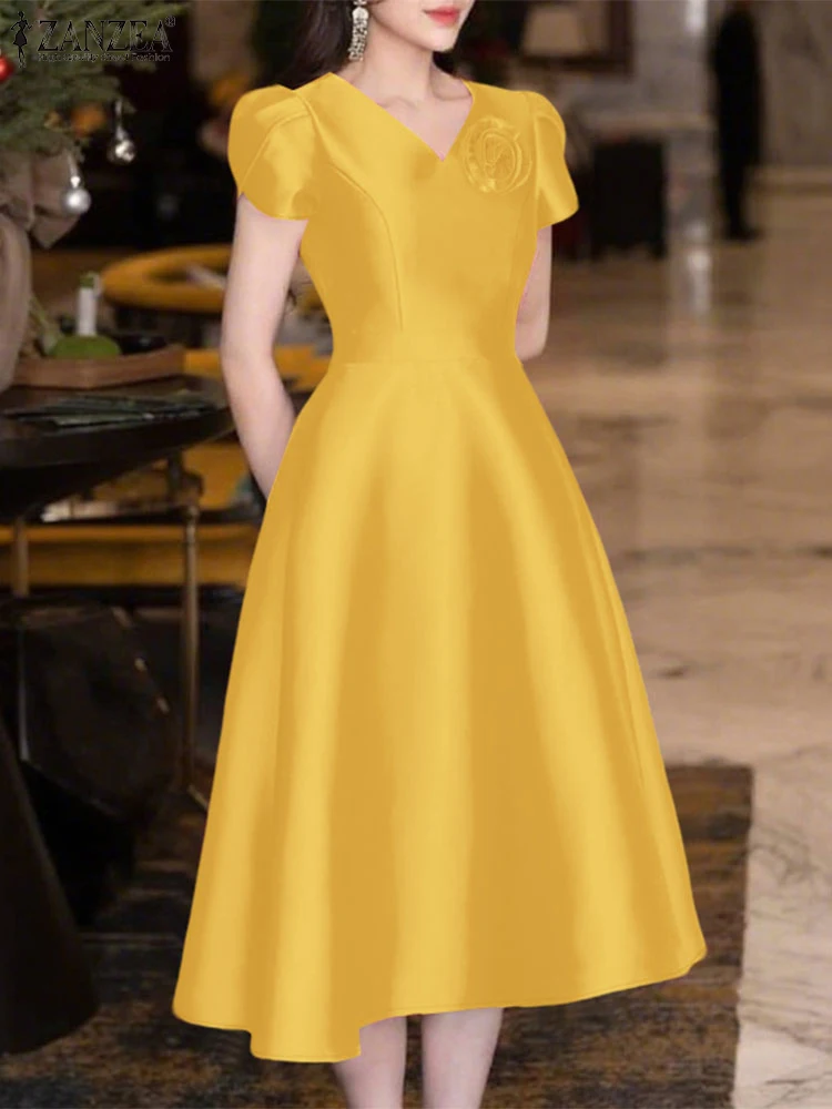 ZANZEA-Vestidos elegantes de flores para mujer, vestido de fiesta elegante con cuello en V, manga de pétalo, vestido veraniego de trabajo de satén liso, corte A, por debajo de la rodilla, 2025