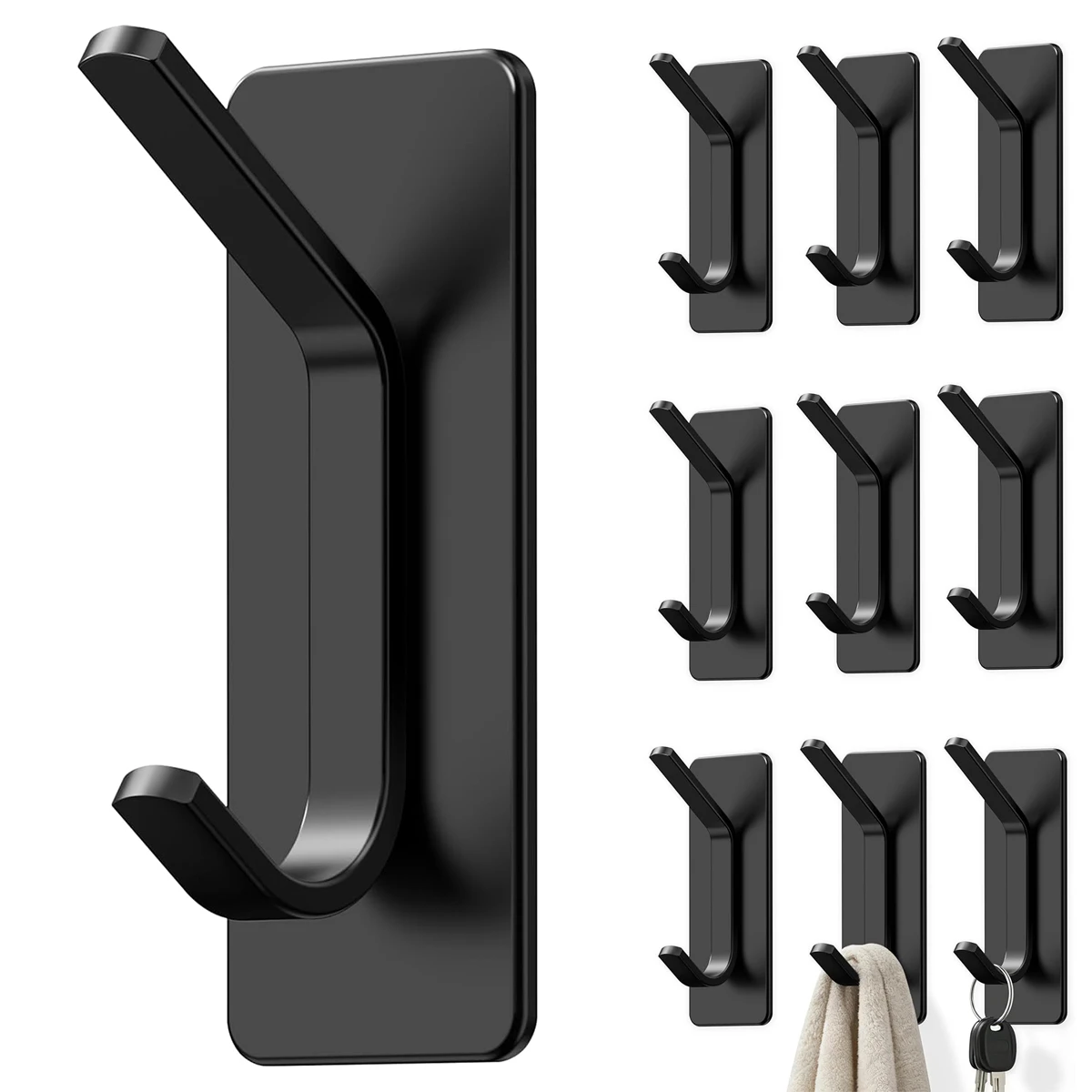 Schwarze Selbstklebehaken, Hochleistungsfähig, 10 lb – Edelstahl-Wandhaken für Mantel & Handtuch, Rostfrei für Badezimmer, Dusche, Küche, Wohnmobil