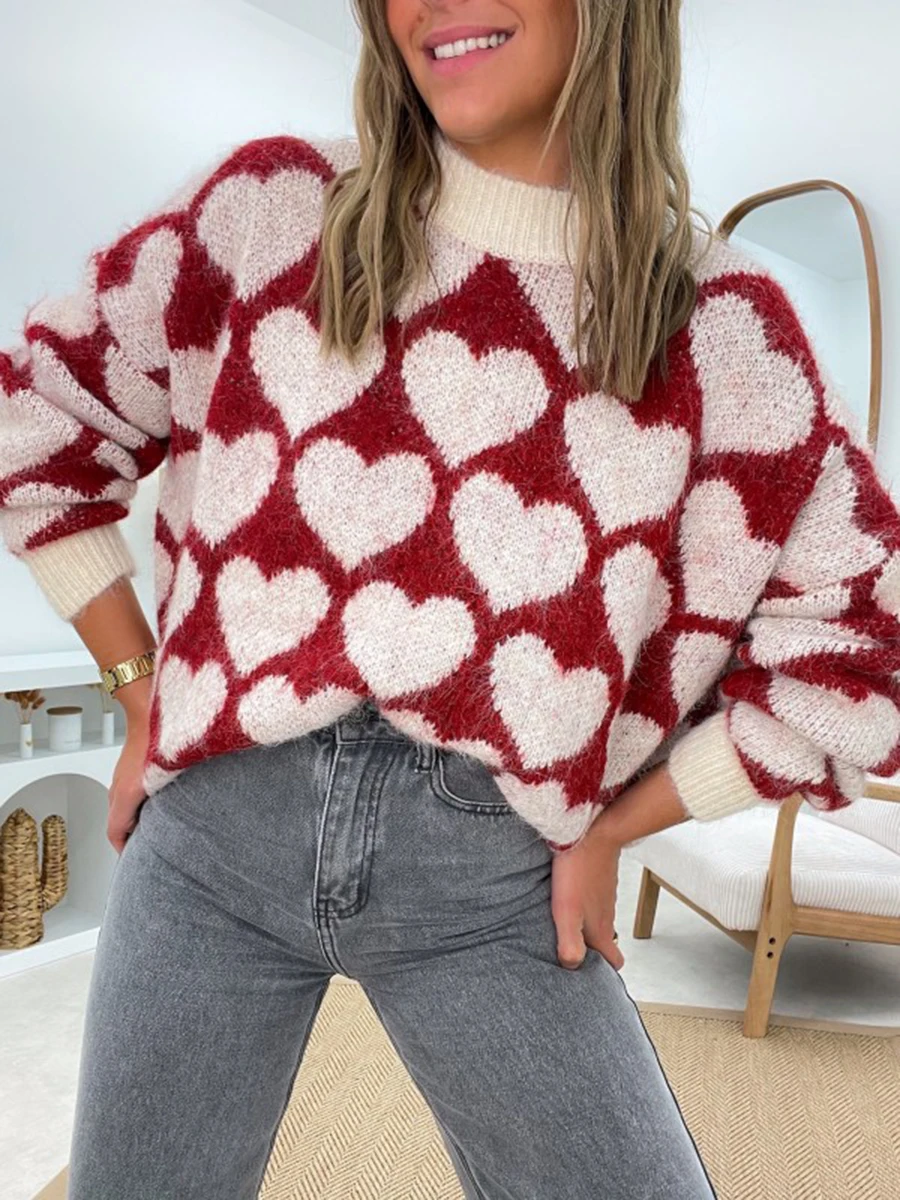 Valentine's Day Sweater Women Pink Harajuku Y2k Knitted Jumper Korean Fashion Knitwear Heart Print Oversized Pullover