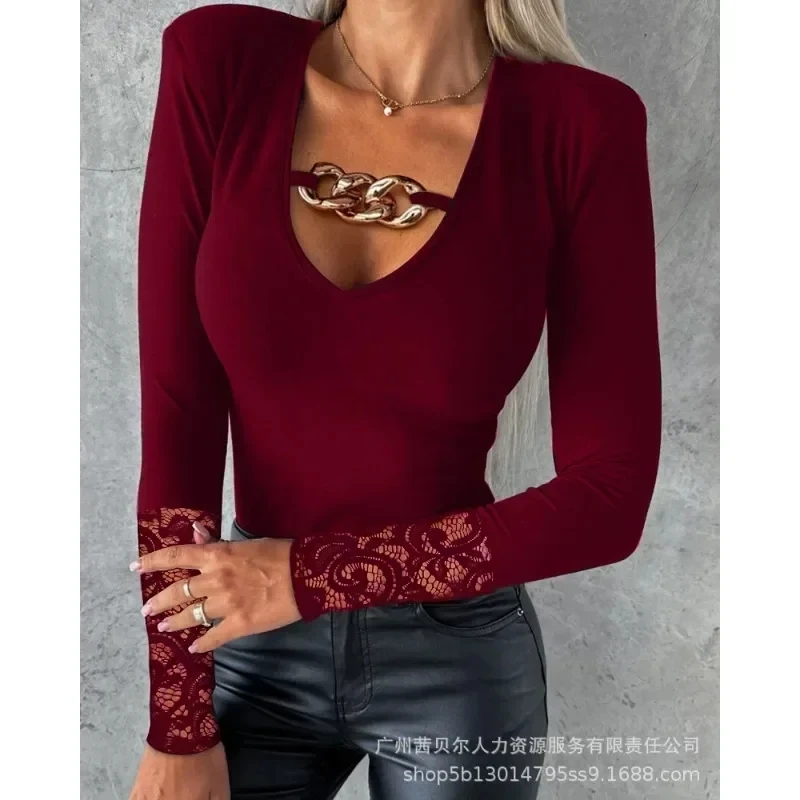 

New Women's Long-Sleeved Printed Solid Lace T-shirt 2023 Spring Autumn T-shirt Top Women's Sexy V-neck Pullover T-shirt