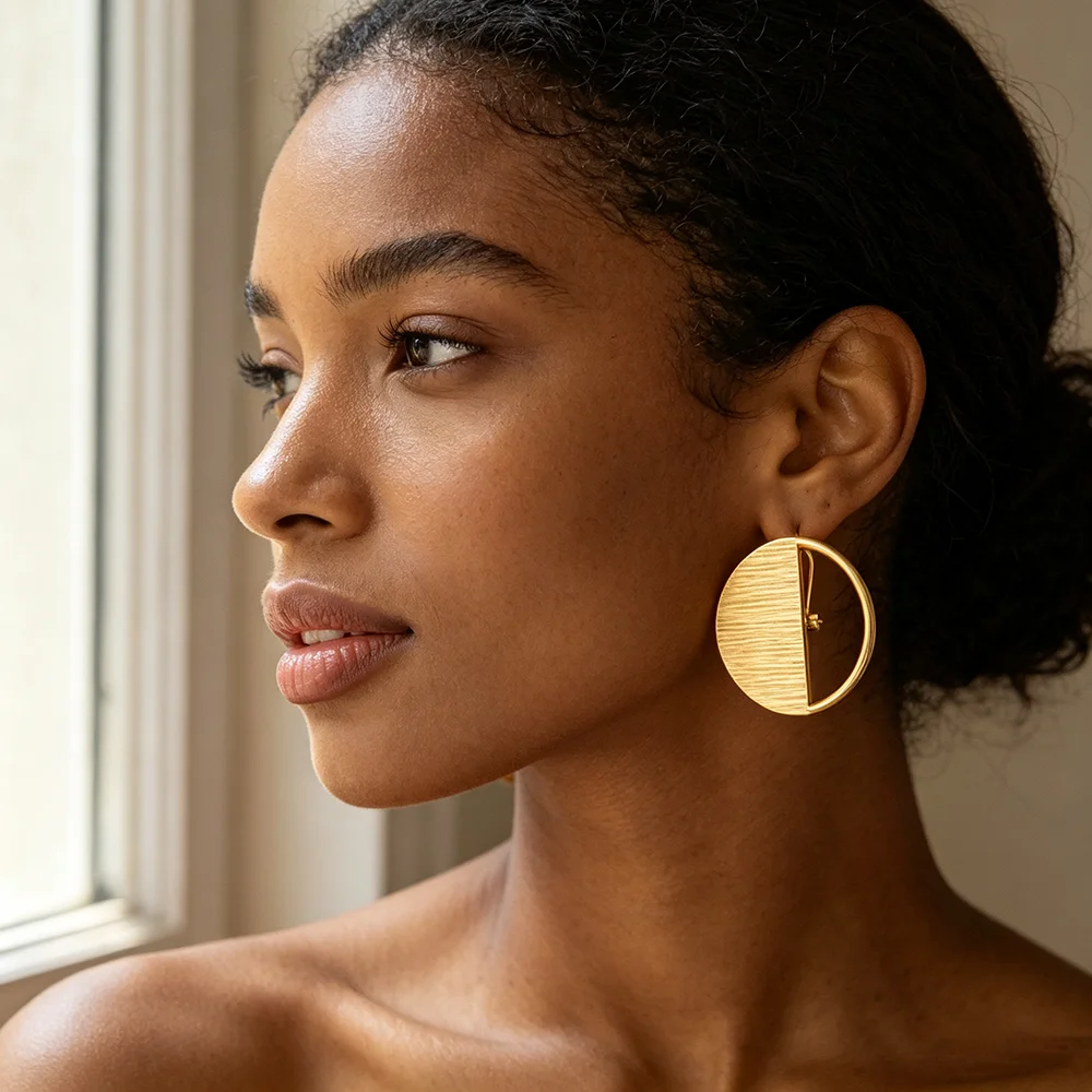 18K Gold Plated Brushed Finish Half‑Circle Hollow Round Earrings & Ring Set For Women Luxury Wedding Party Accessories Gift