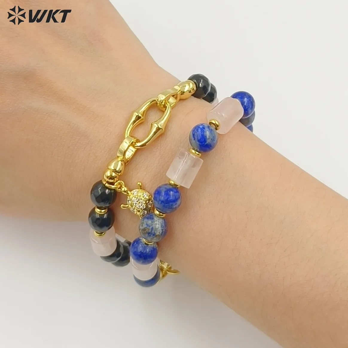 WT-B711 New Classic Style Colored Oval Round Geometric Gemstone BeadsWith Zircon Paved Charms Clasp 7Inch Bracelets