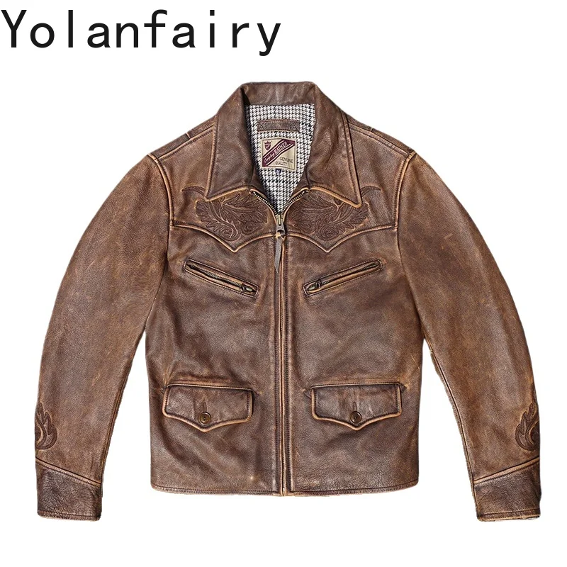 YOLANFAIRY Top Layer Cowhide Genuine Leather Jacket Men 2026 Winter 100% Real Leather High Quality Pure Leather Vintage Coat Man