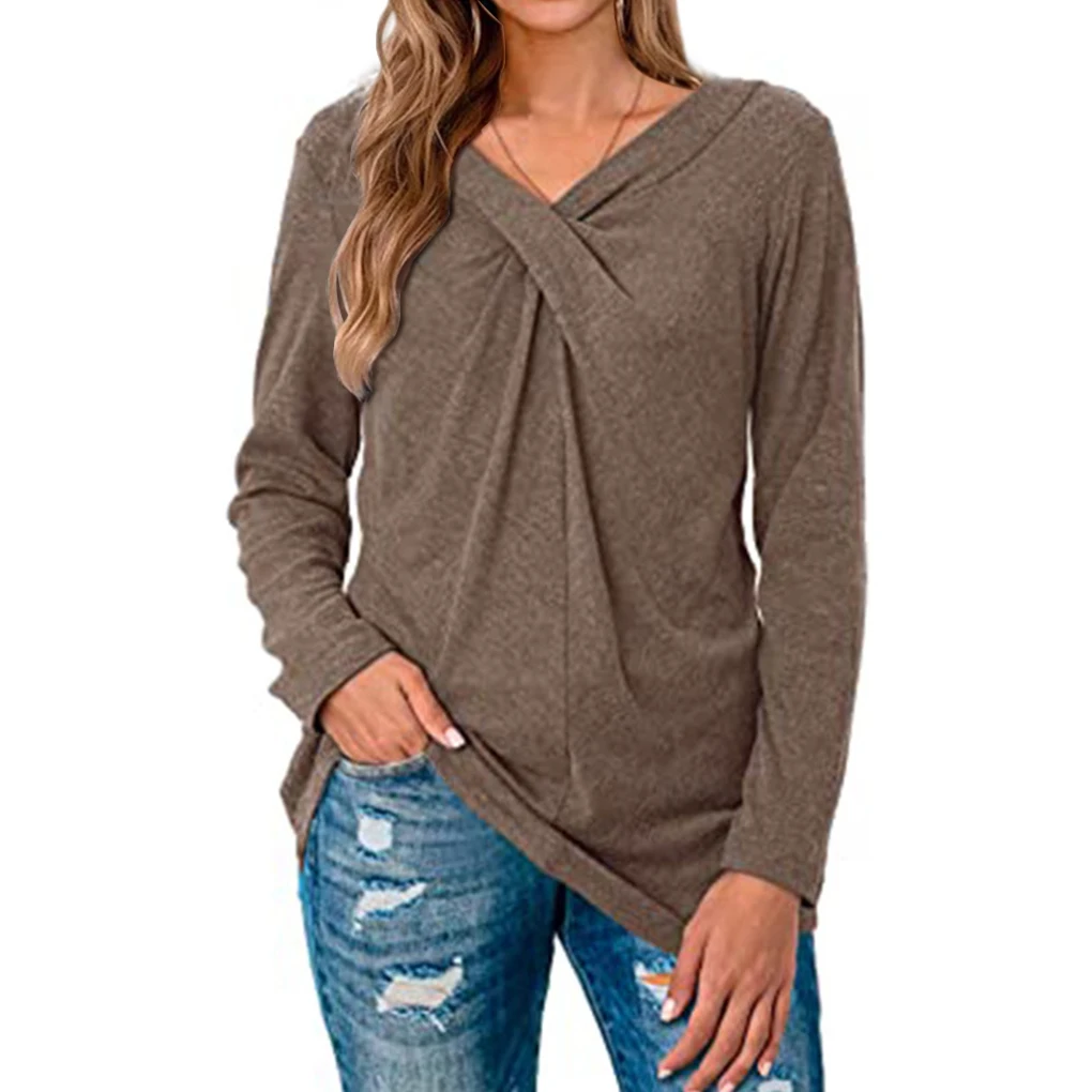 T-shirt da donna con scollo a V, manica lunga, camicetta tinta unita, verde scuro, XL