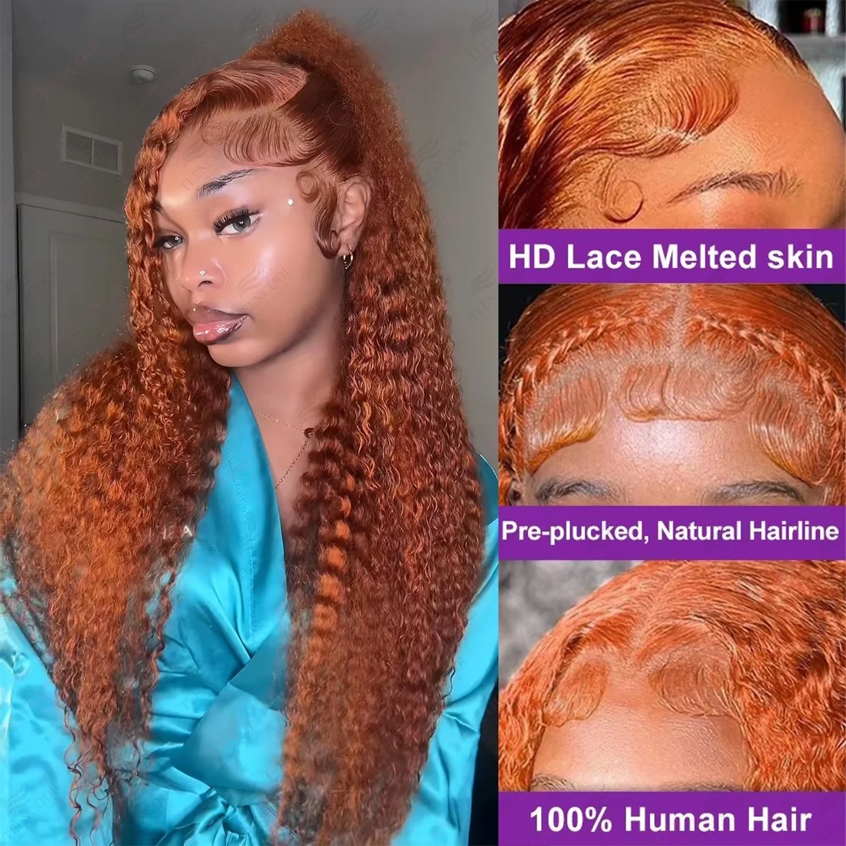 

Парик из натуральных волос Ginger Deep Wave 13x4 с кружевной передней частью, 13x6 HD Lace Frontal # 350 цветных париков, 200% плотность, имбирно-оранжевые кудрявые парики