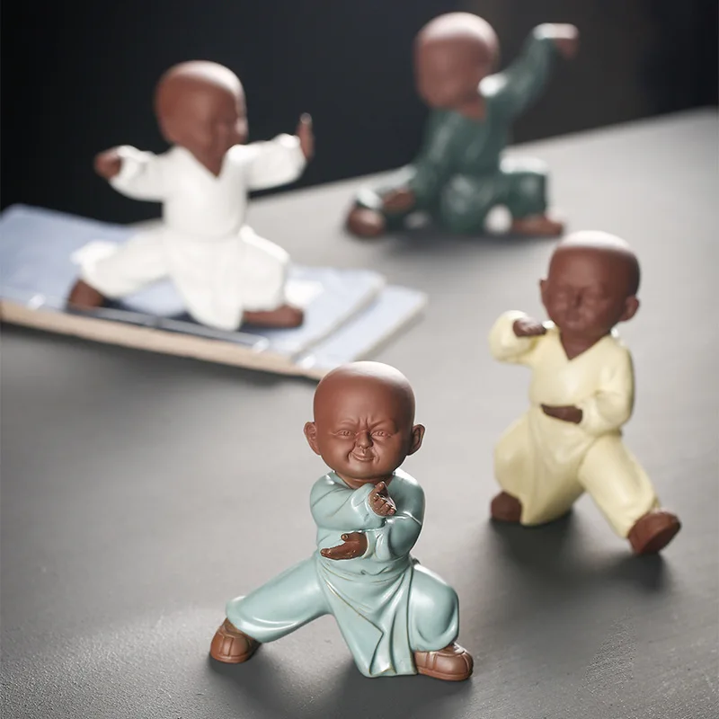 Kungfu Tai Chi Monks Figurines Purple Clay Pottery Buddha Statue Sculpture Fairy Garden Desk Zen Ornament Home Docor Decoration