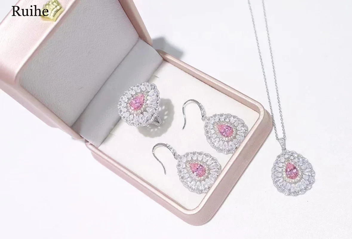 Ruihe S925 Sterling Silver Necklace Earring Ring PInk Zircon Water Drop Shape Gemstones Jewelry Set Ladies Party Gift