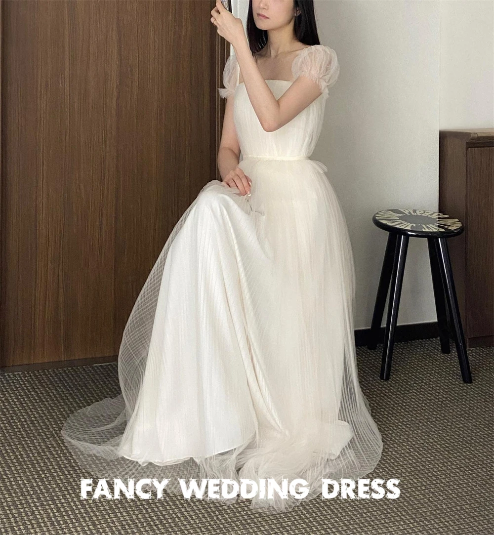 Fancy Korea Square Neck Wedding Dress Photo Shoot A Line Soft Tulle Bridal Gown Short Sleeve Floor Length 웨딩드레스 customized