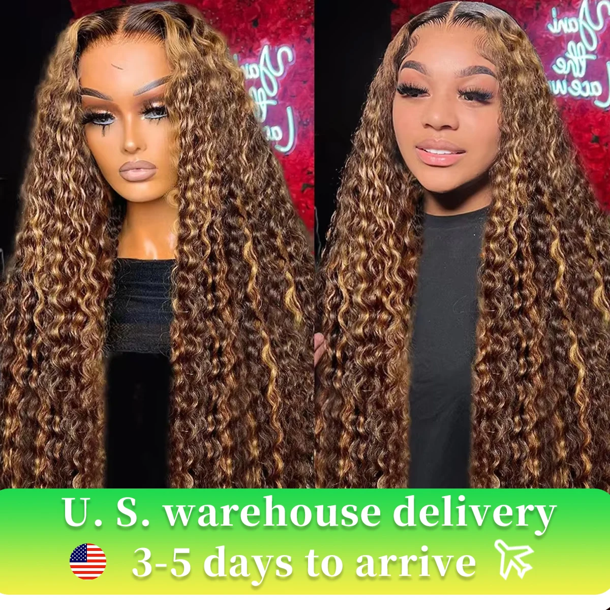 Honey Blonde Deep Water Wave 13x6 HD Lace Frontal Wig Human Hair Wear Go Glueless Highlight Curly Human Hair Wigs 30 32 34 Inch