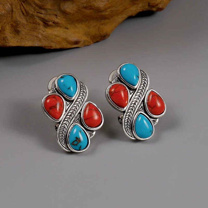 Turquoise Stud Earrings for Women Silver Color Hypoallergenic Handmade Studs Geometric Nickel Free Earrings for Women Girls Boho