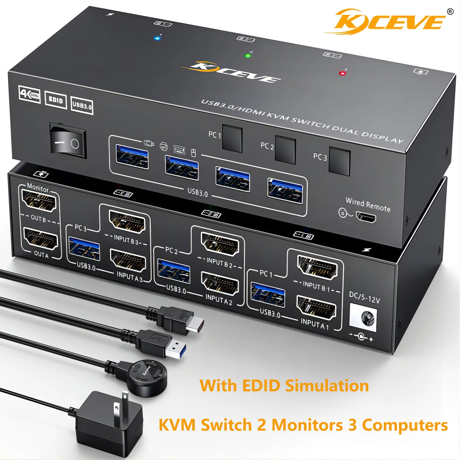 Dual Monitor KVM Switch USB 3.0 HDMI KVM Switch 2 Monitors 3 Computers, EDID Emulator,4K@60Hz 2K@144Hz with 4 USB 3.0 Ports