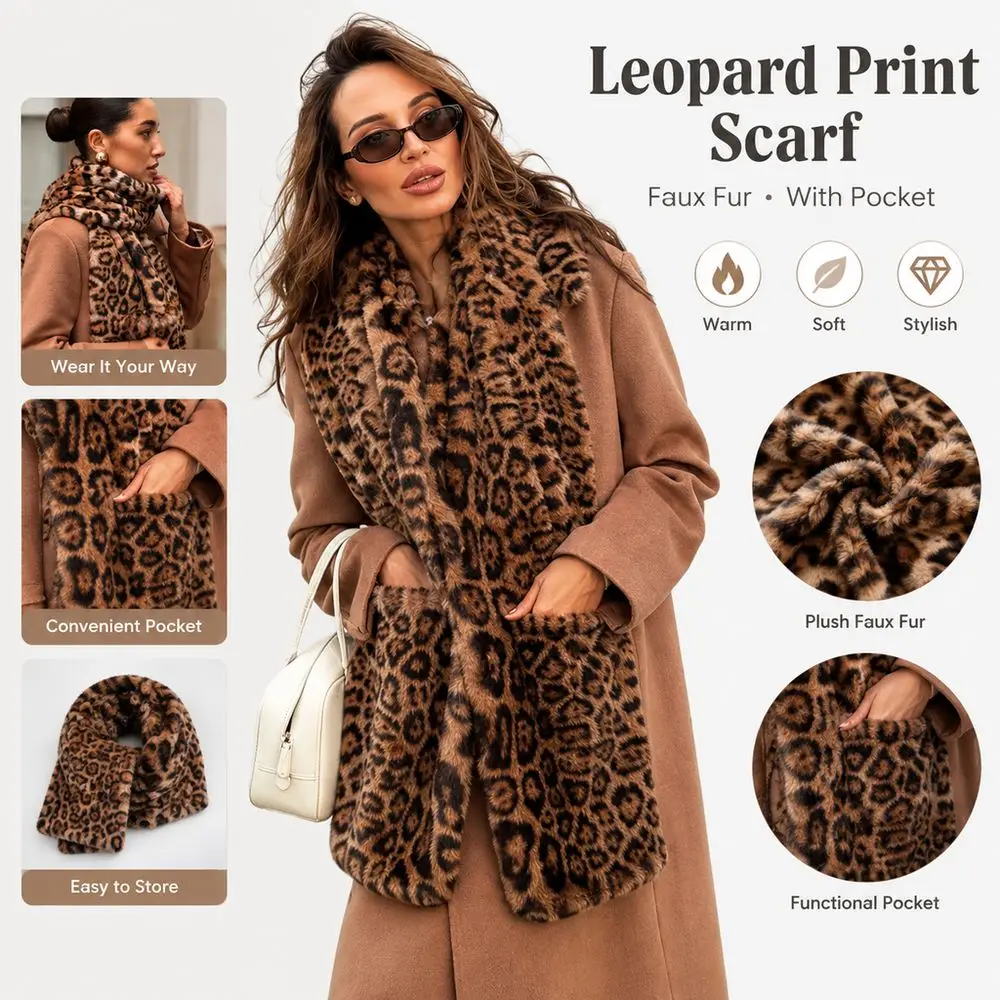 High Quality Extra Long Faux Fur Scarf Leopard Print Winter Neck Warmer Soft Practical Pockets Leopard Print Scarf