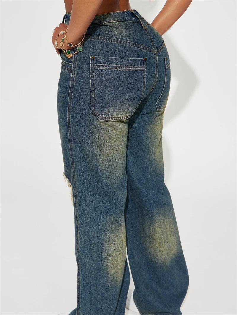 2025 New Women's Vintage Wear Y2K Style European Loose Wide Leg Denim Pants Female Mid Waist Washed Knee Hole Straight Leg Jeans