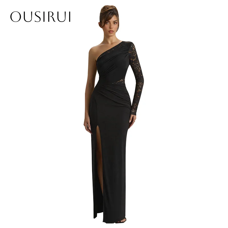 레이스 원숄더 쉬폰 프롬 드레스 슬릿 롱 슬리브 발목 길이 플리츠 파티 가운 맞춤 제작 웨딩드레스