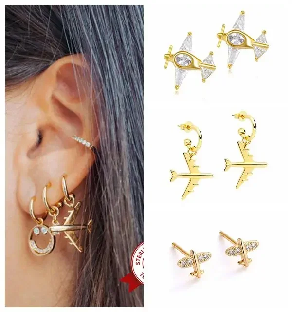 925 Sterling Silver Needle Creative Airplane Model Pendant Stud Earring for Women Exquisite Personality Earring fashion Jewelry