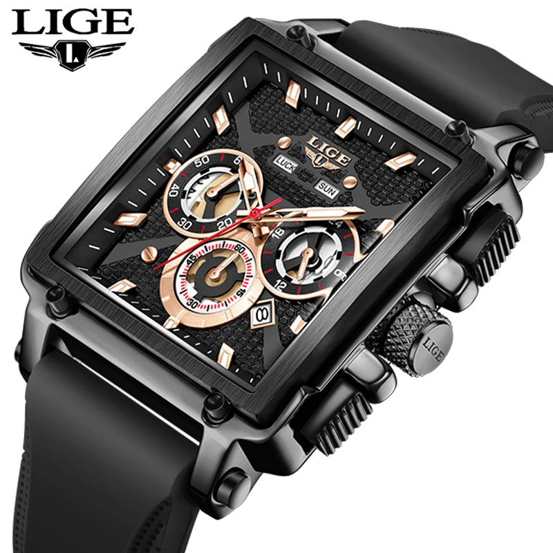 

Новые мужские часы LIGE, хронограф, роскошные мужские часы, спортивные водонепроницаемые квадратные кварцевые наручные часы из силикона, relogios masculino