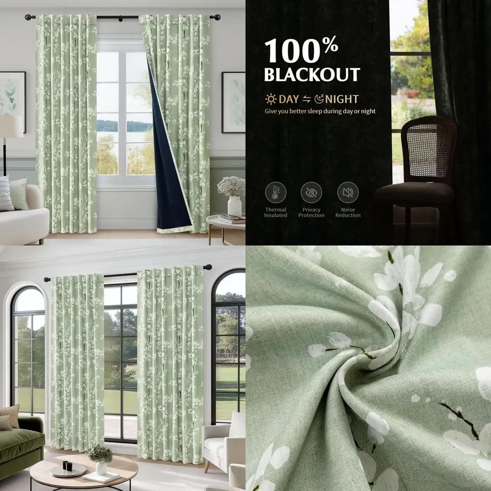 

Thermal Insulated Sage Green 96 Blackout Curtains with Blossom Pattern for Bedroom and Living Room