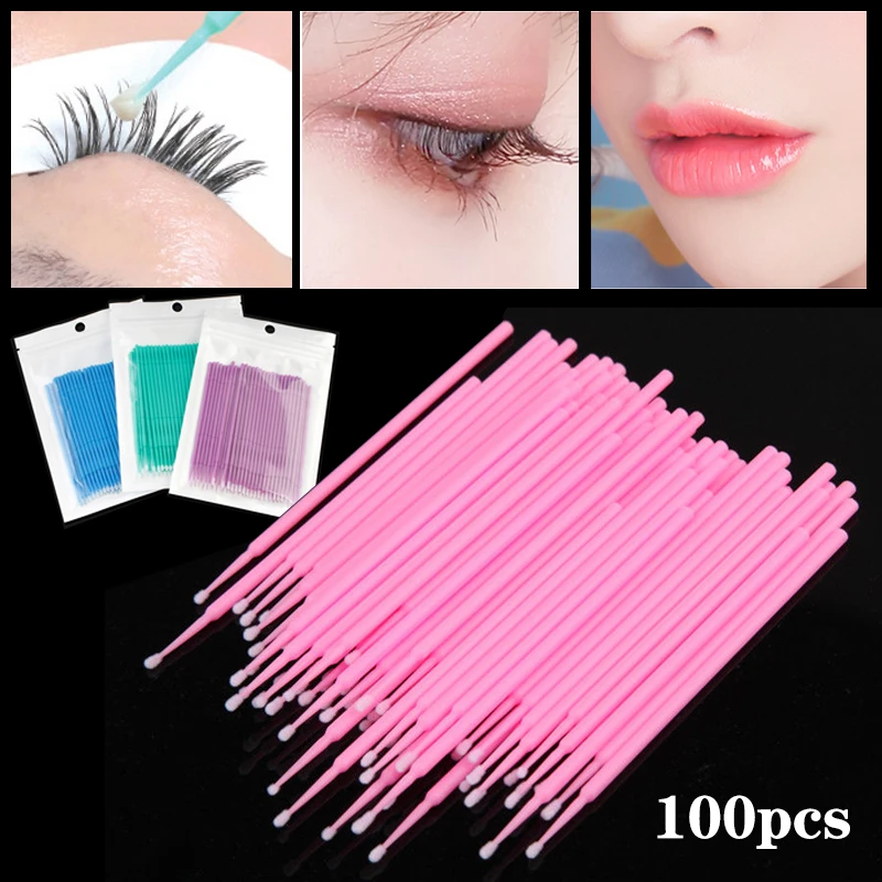 100pcs Disposable Cotton Swabs Colorful Eyelash Brushes Cleaning Swab Individual Eyelashes Extension Remover Microbrush Tool Kit