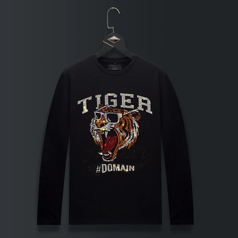 Plus Size Rhinestones Cartoon Tiger T Shirts Men Fashion Streetwear O Neck Long Sleeve Slim Modal Cotton Tshirts Mens Clothing